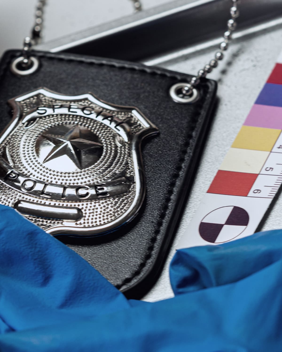 Badge case and worn notebook beside a modern laptop