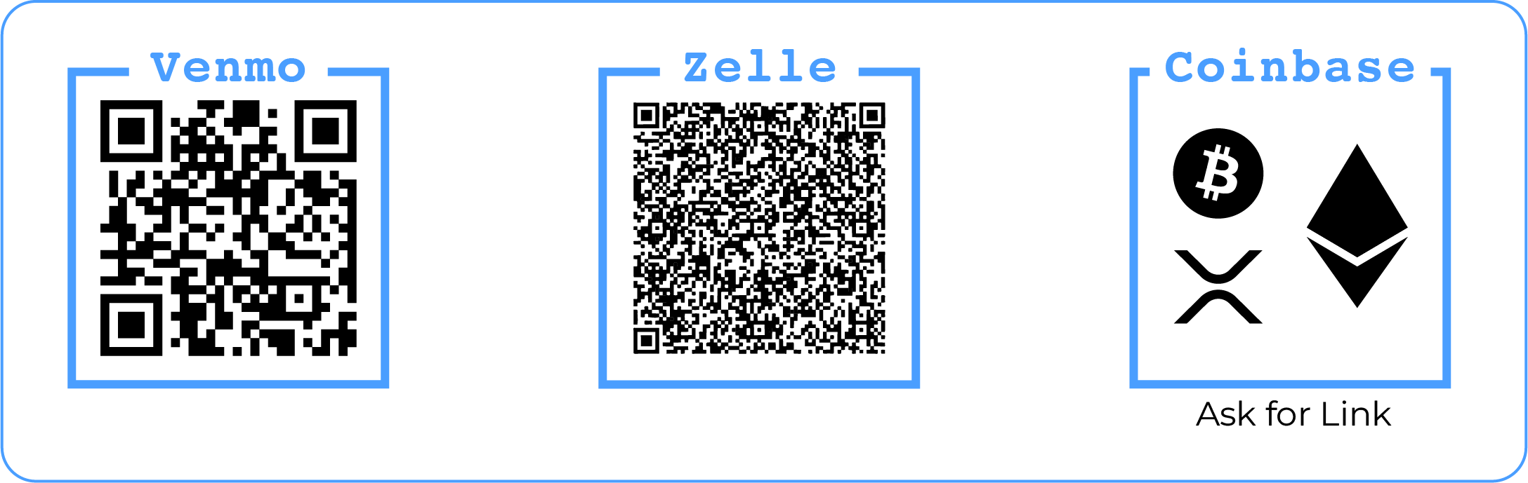 Payment QR codes for Venmo and Zelle, and Coinbase crypto payment